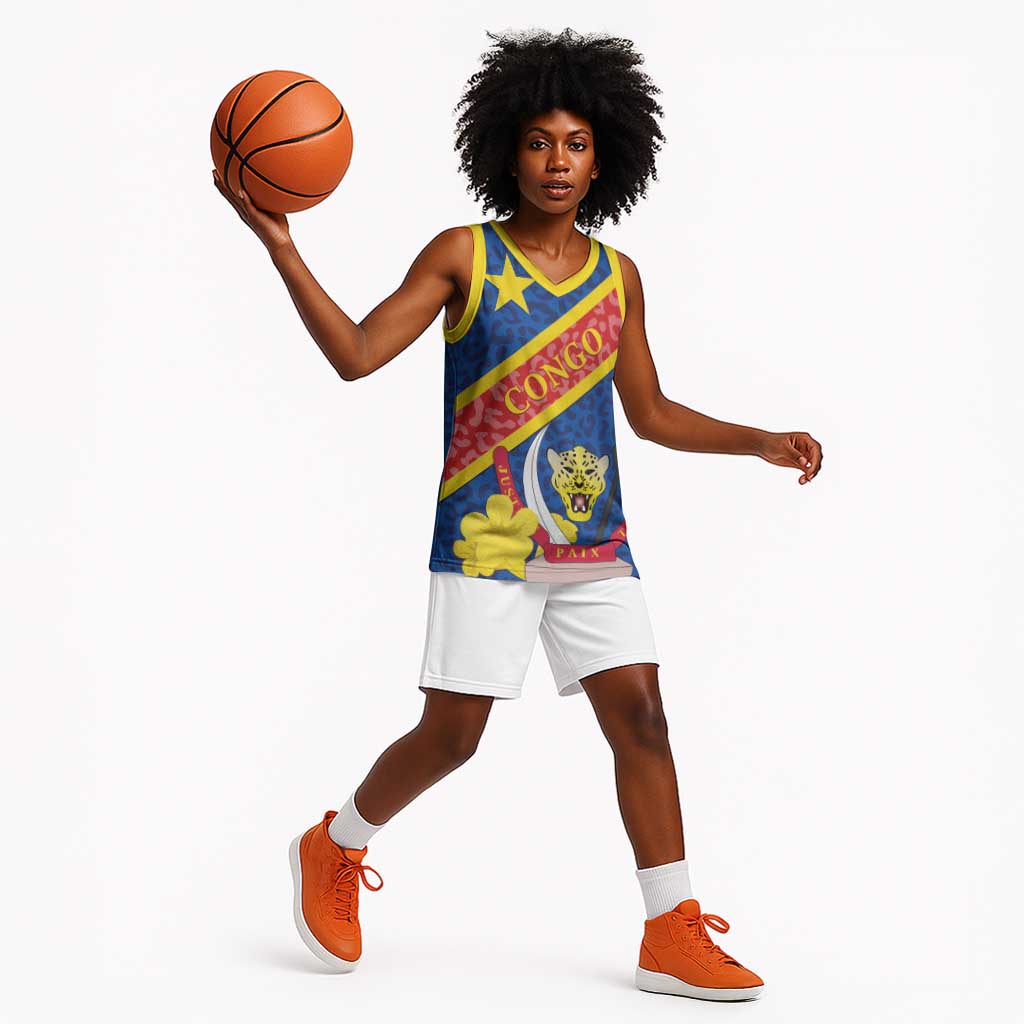 Congo DR Basketball Jersey Coat Of Arms Leopard Pattern LT01