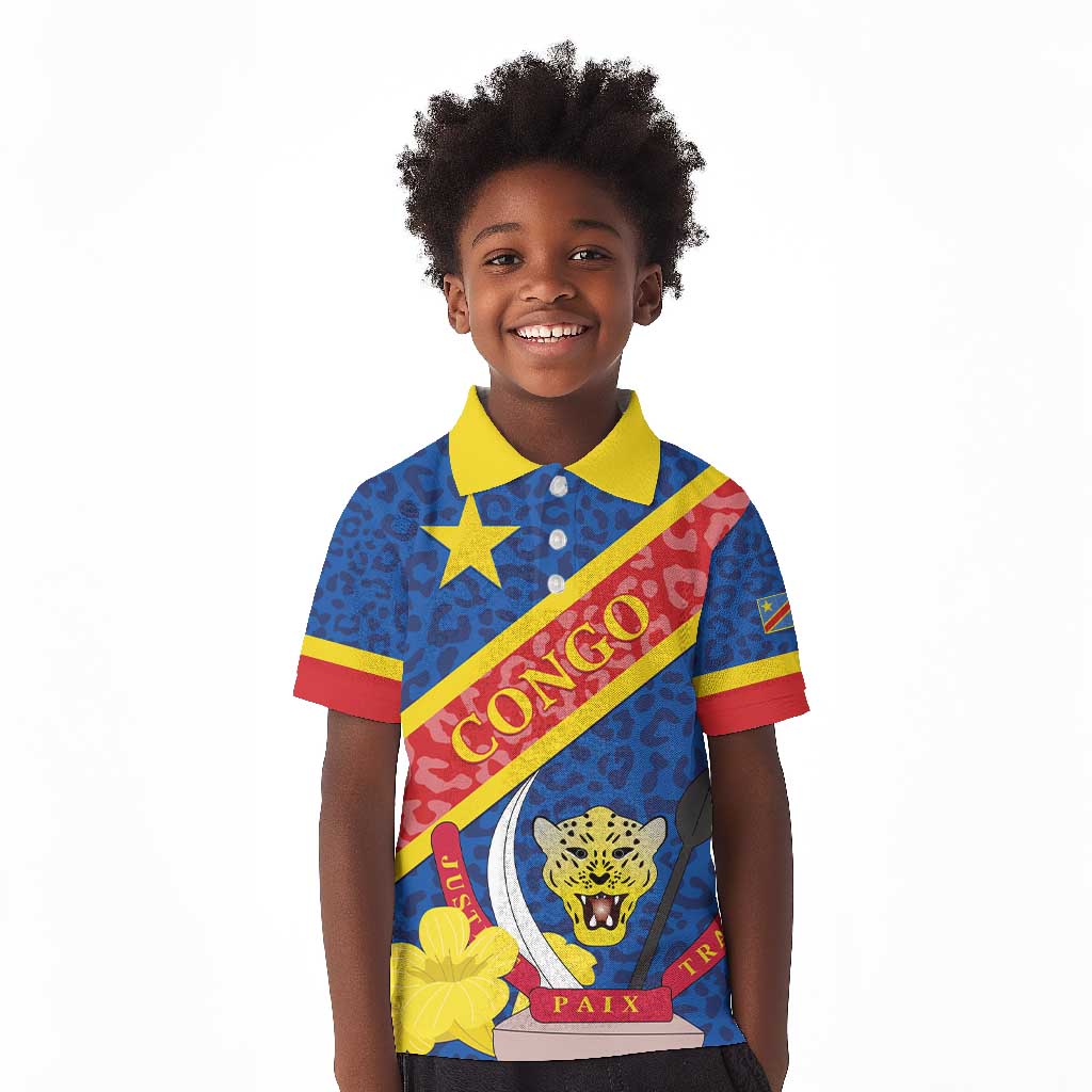 Congo DR Kid Polo Shirt Coat Of Arms Leopard Pattern