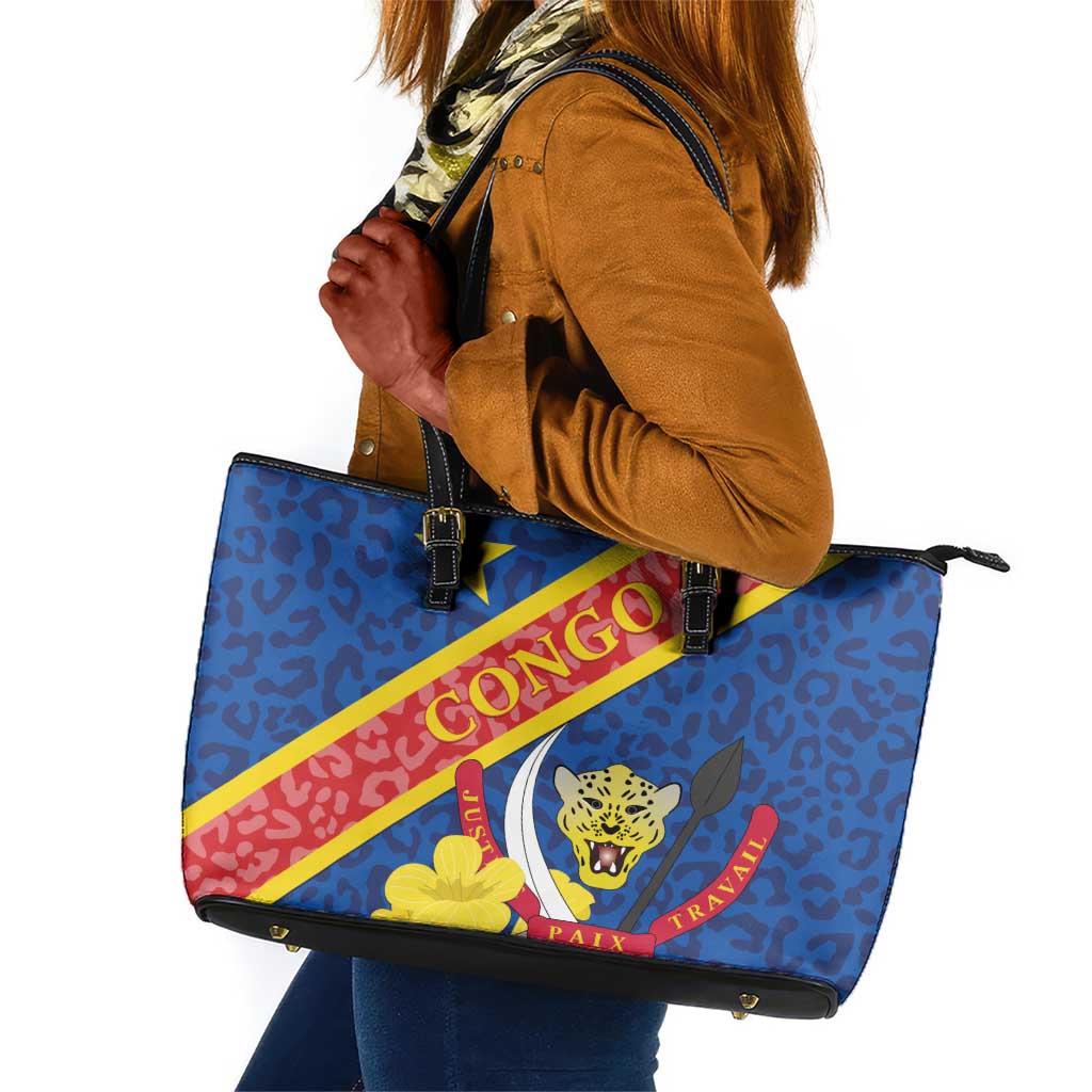 Congo DR Leather Tote Bag Coat Of Arms Leopard Pattern