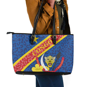 Congo DR Leather Tote Bag Coat Of Arms Leopard Pattern