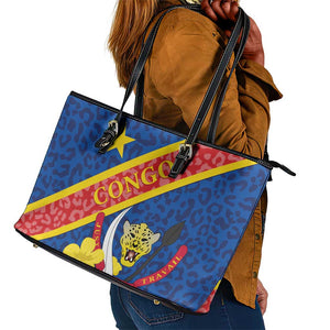 Congo DR Leather Tote Bag Coat Of Arms Leopard Pattern