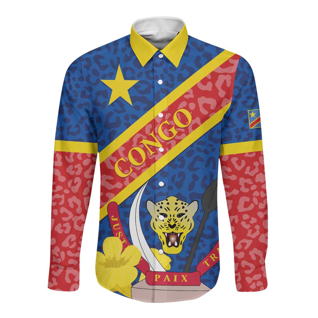 Congo DR Long Sleeve Button Shirt Coat Of Arms Leopard Pattern
