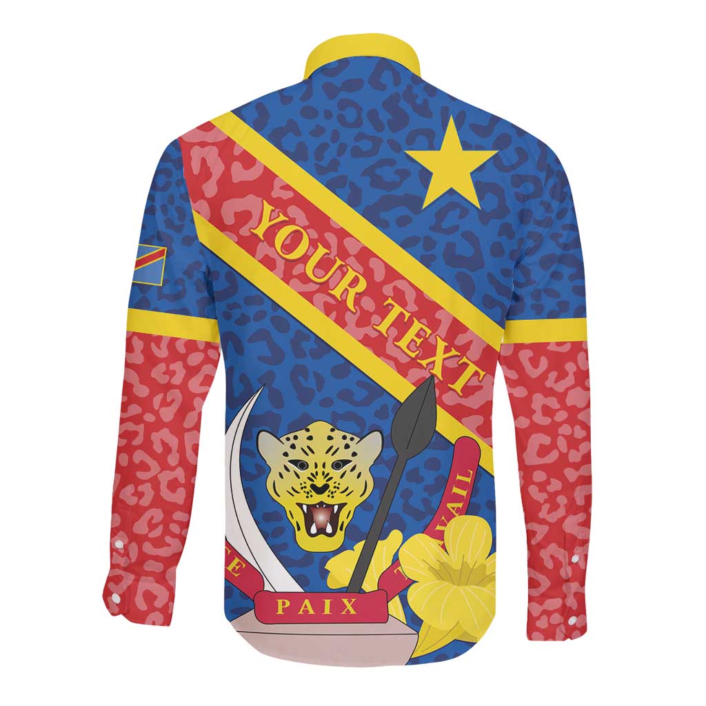Congo DR Long Sleeve Button Shirt Coat Of Arms Leopard Pattern