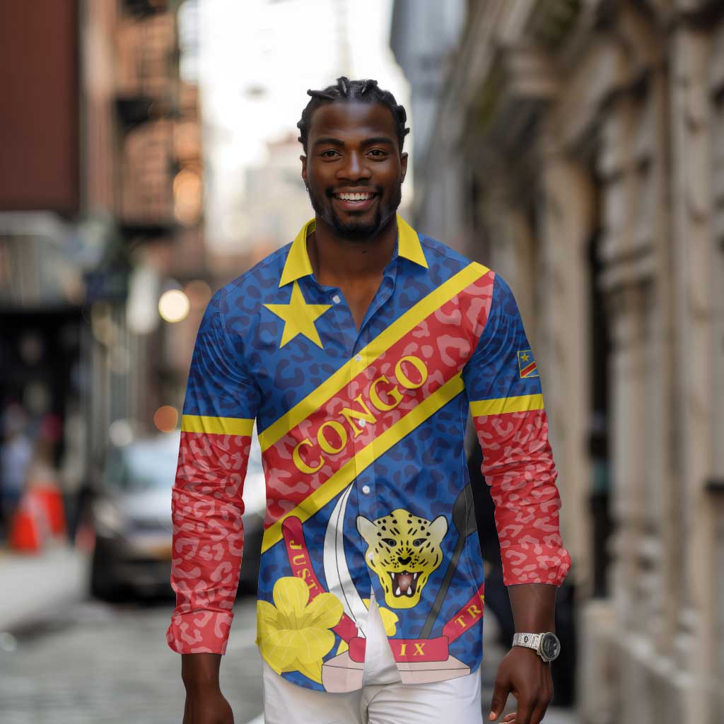 Congo DR Long Sleeve Button Shirt Coat Of Arms Leopard Pattern