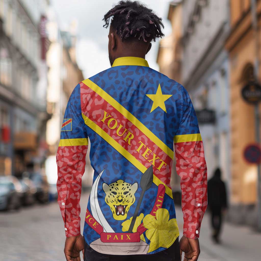 Congo DR Long Sleeve Button Shirt Coat Of Arms Leopard Pattern