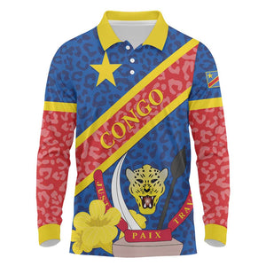 Congo DR Long Sleeve Polo Shirt Coat Of Arms Leopard Pattern