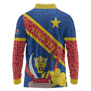 Congo DR Long Sleeve Polo Shirt Coat Of Arms Leopard Pattern