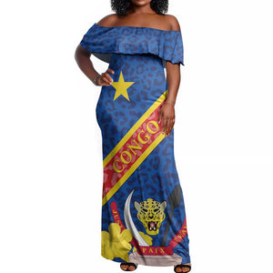 Congo DR Off Shoulder Maxi Dress Coat Of Arms Leopard Pattern