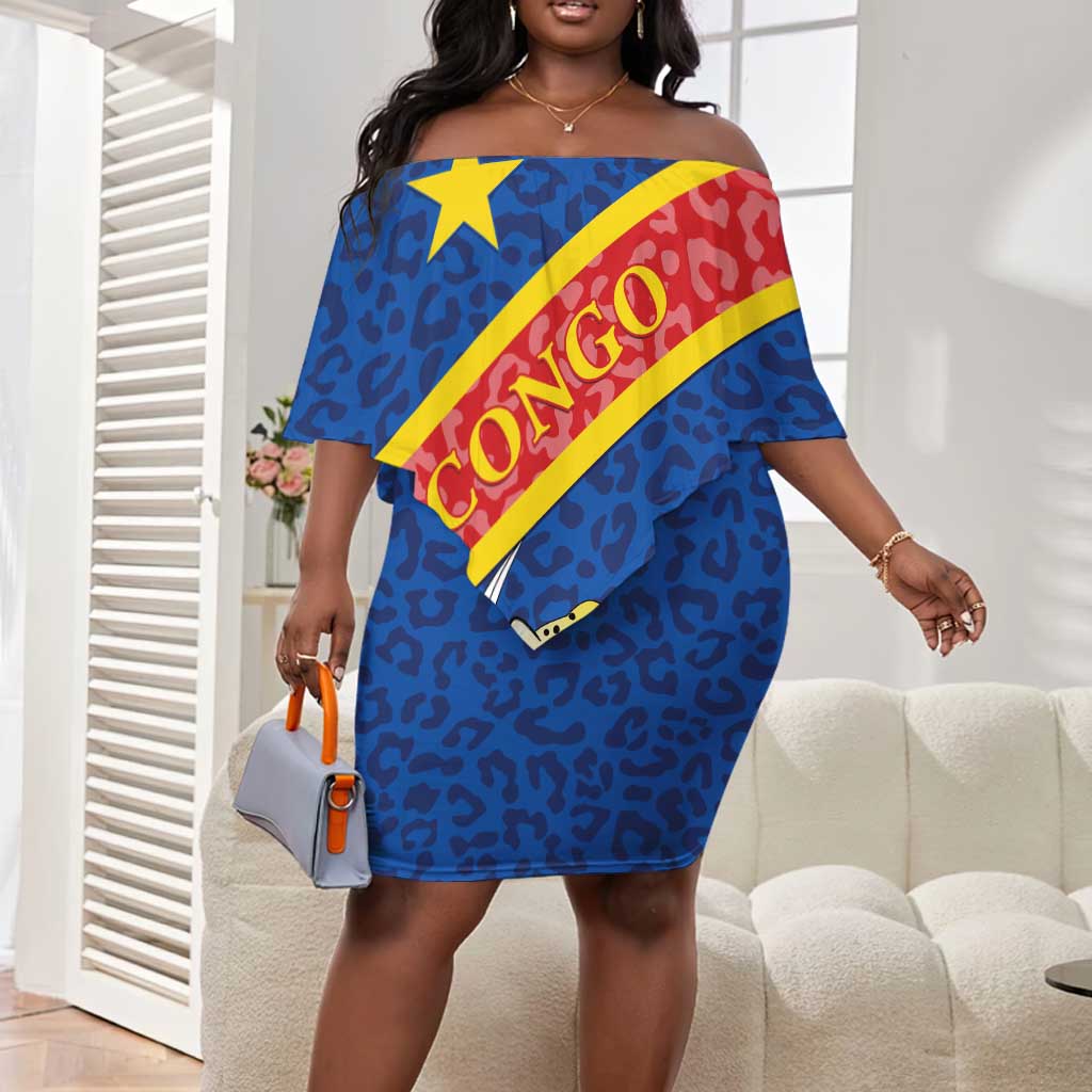 Congo DR Off Shoulder Short Dress Coat Of Arms Leopard Pattern