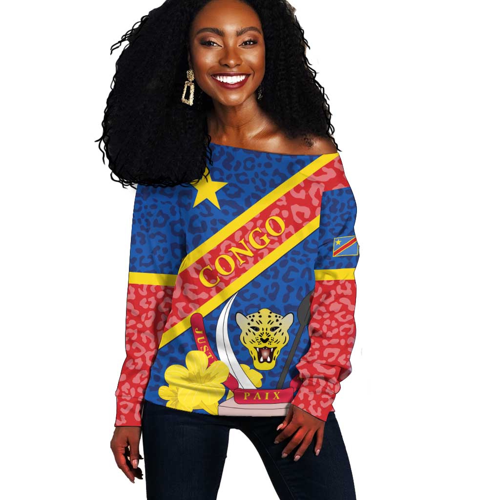 Congo DR Off Shoulder Sweater Coat Of Arms Leopard Pattern