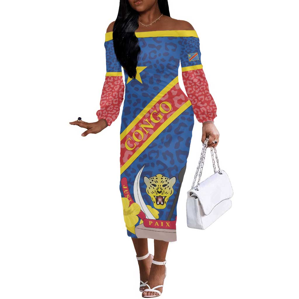 Congo DR Off The Shoulder Long Sleeve Dress Coat Of Arms Leopard Pattern