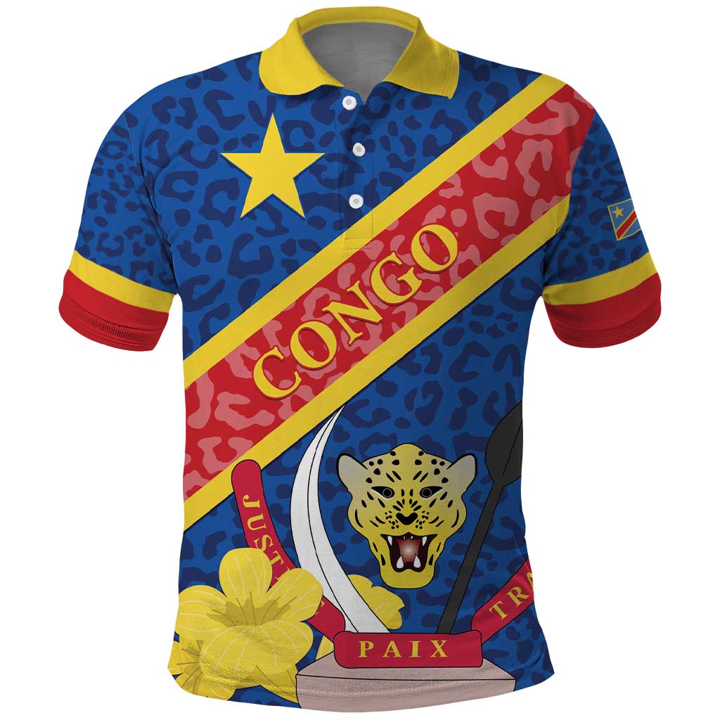 Congo DR Polo Shirt Coat Of Arms Leopard Pattern