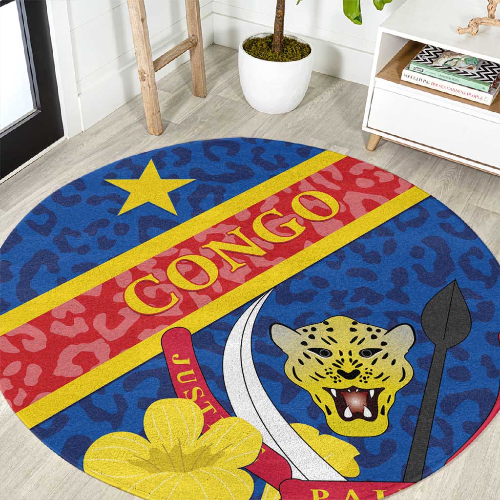 Congo DR Round Carpet Coat Of Arms Leopard Pattern