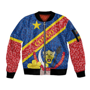 Congo DR Sleeve Zip Bomber Jacket Coat Of Arms Leopard Pattern