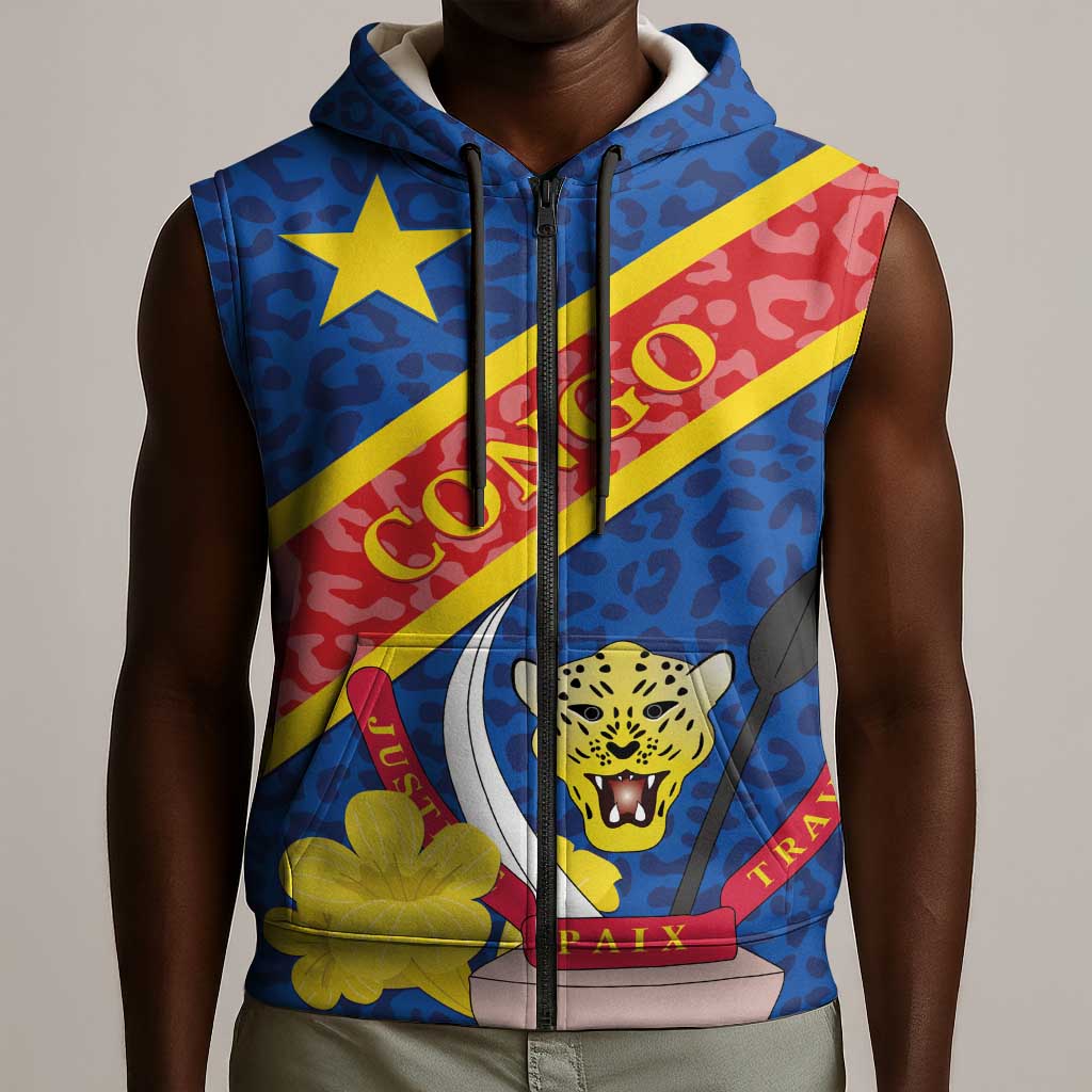Congo DR Sleeveless Zip Hoodie Coat Of Arms Leopard Pattern - African Pride
