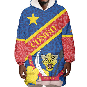 Congo DR Wearable Blanket Hoodie Coat Of Arms Leopard Pattern