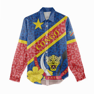 Congo DR Women Casual Shirt Coat Of Arms Leopard Pattern