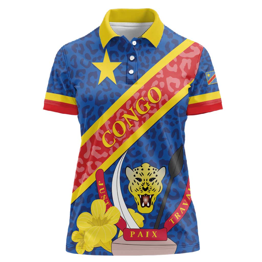 Congo DR Women Polo Shirt Coat Of Arms Leopard Pattern