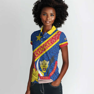 Congo DR Women Polo Shirt Coat Of Arms Leopard Pattern