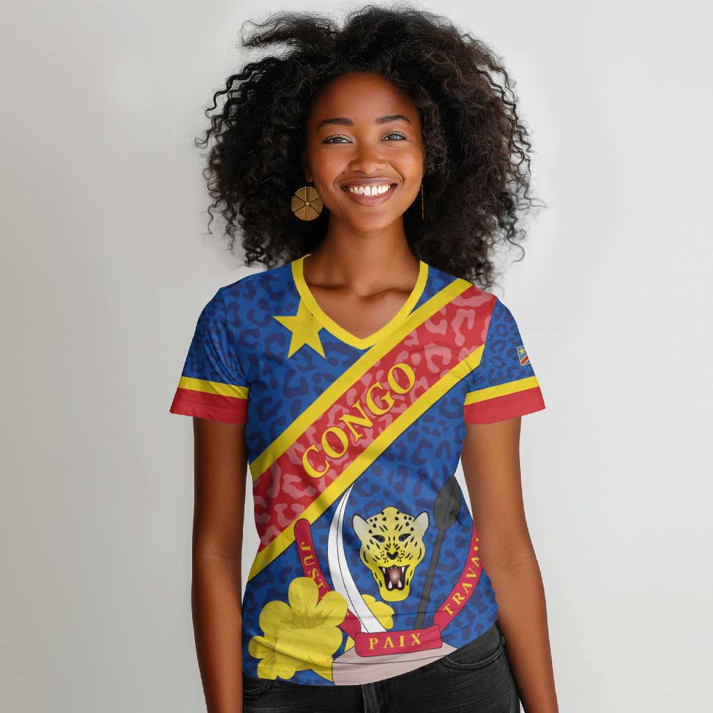 Congo DR Women V-Neck T-Shirt Coat Of Arms Leopard Pattern