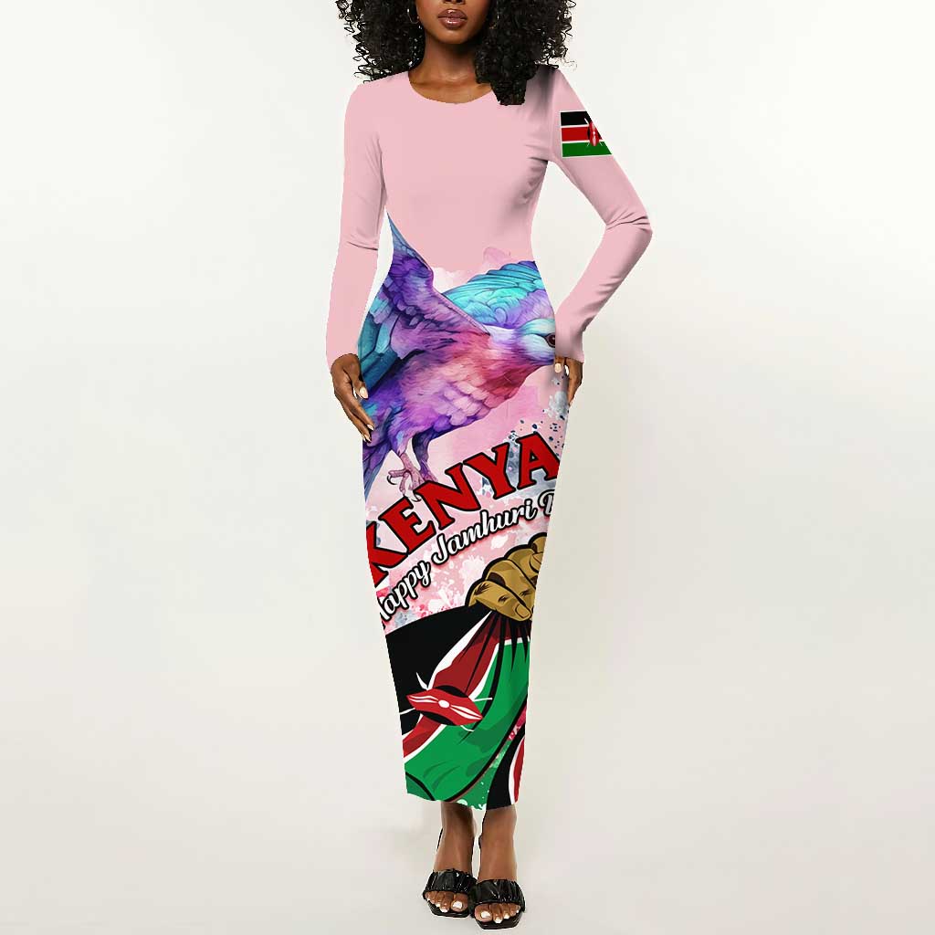 Personalized Kenya Independence Day Long Sleeve Bodycon Dress with Lilac Breasted Roller - Unique Version