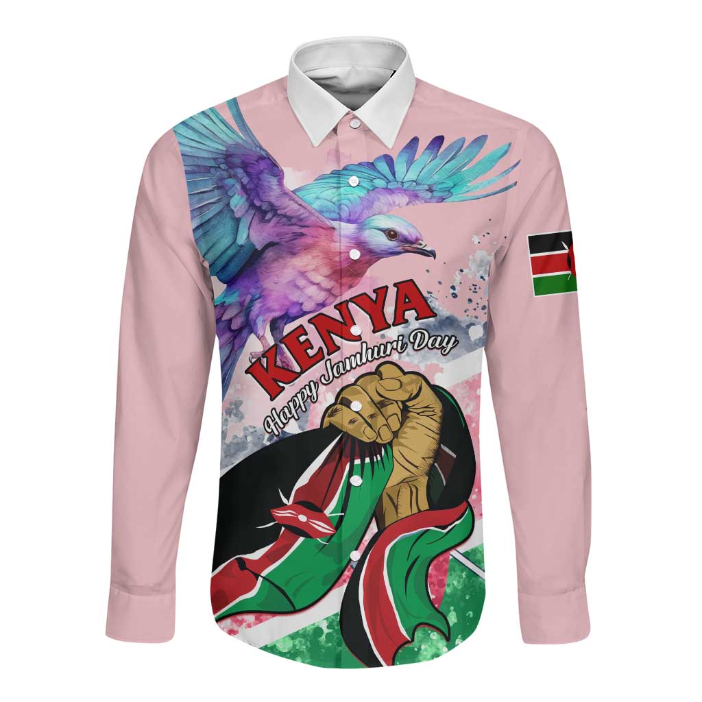 Personalized Kenya Independence Day Long Sleeve Button Shirt with Lilac Breasted Roller - Unique Version