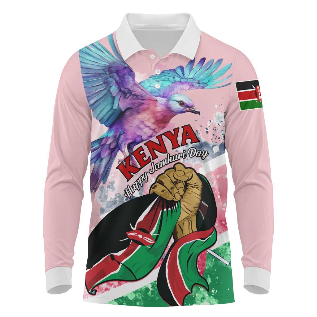 Personalized Kenya Independence Day Long Sleeve Polo Shirt with Lilac Breasted Roller - Unique Version