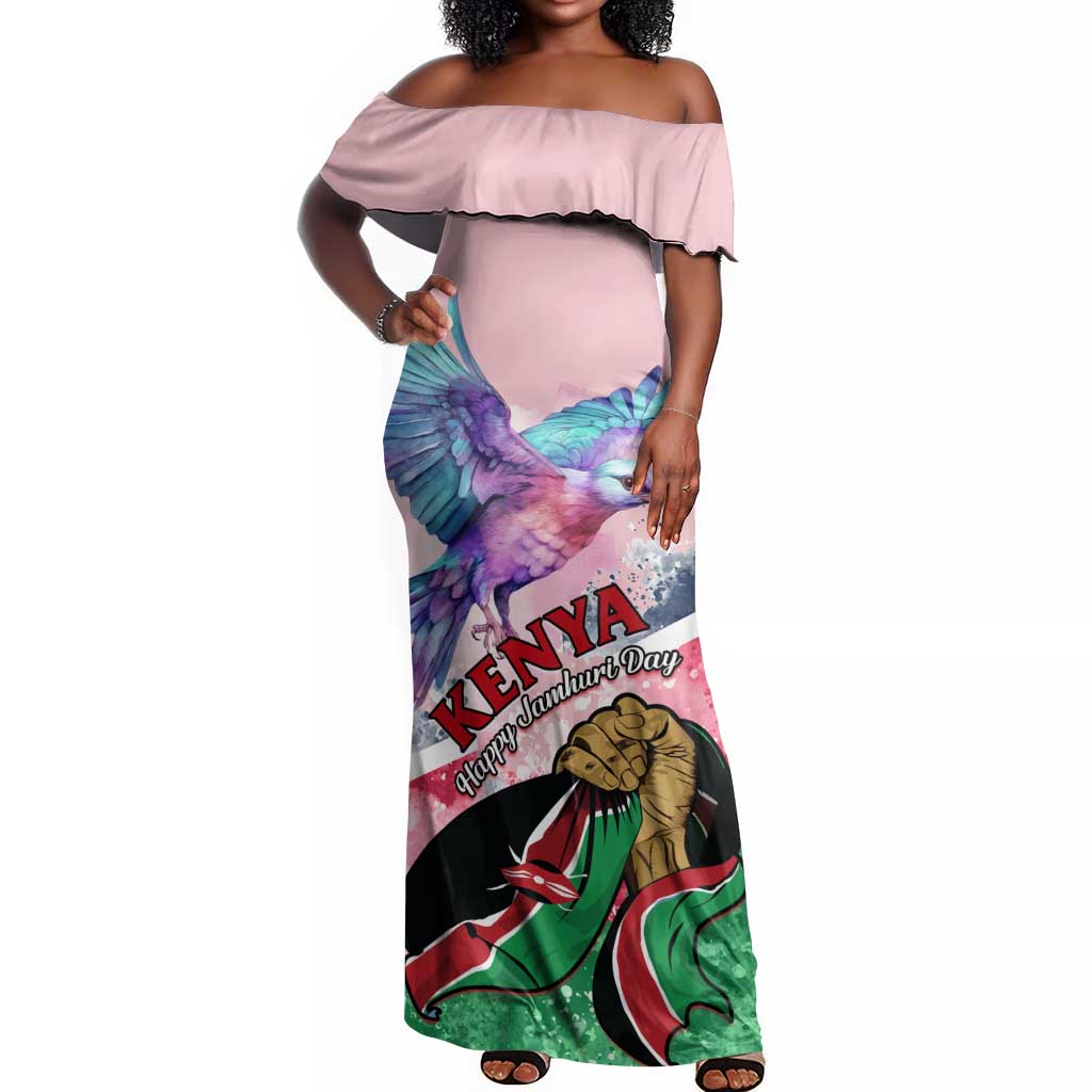 Personalized Kenya Independence Day Off Shoulder Maxi Dress with Lilac Breasted Roller - Unique Version