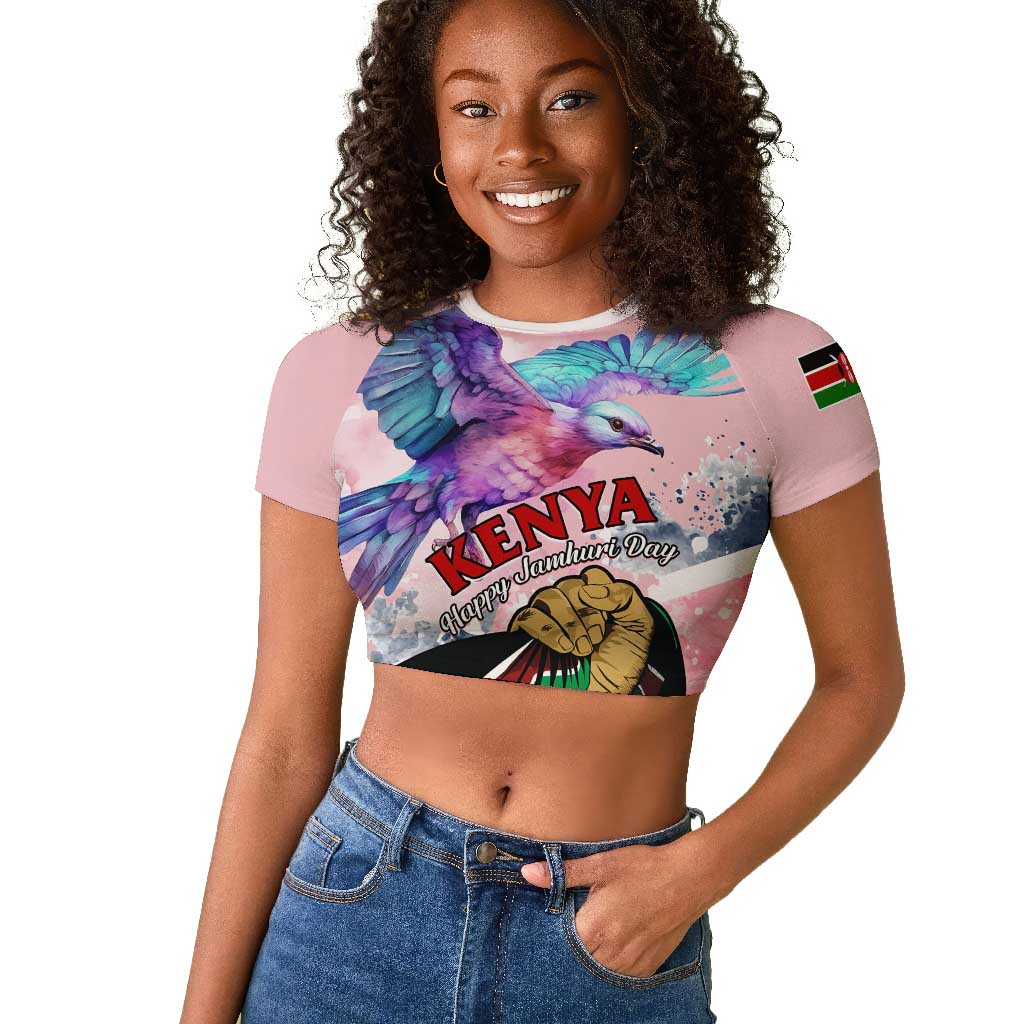 Personalized Kenya Independence Day Raglan Cropped T shirt with Lilac Breasted Roller - Unique Version