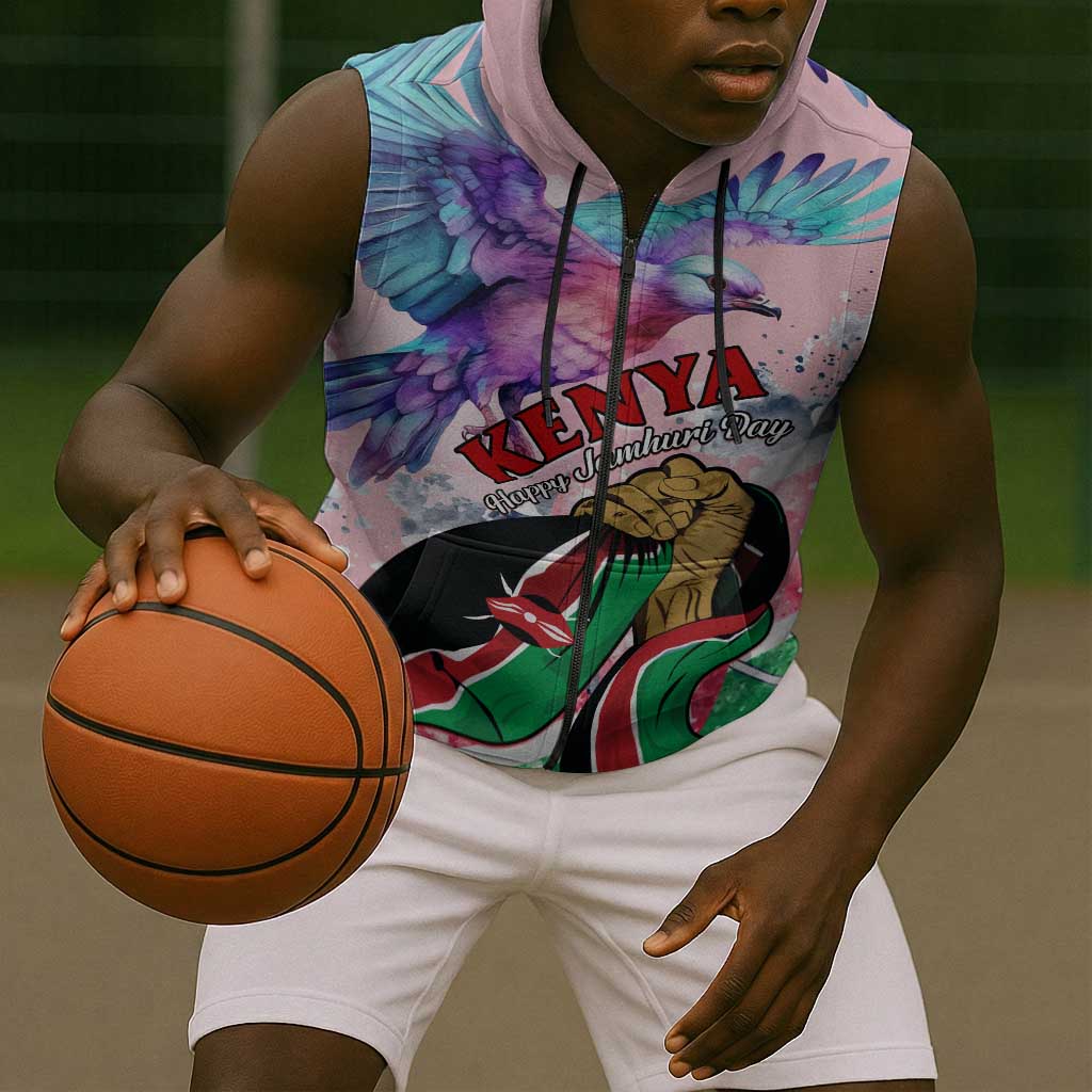 Personalized Kenya Independence Day Sleeveless Zip Hoodie with Lilac Breasted Roller - Unique Version - African Pride