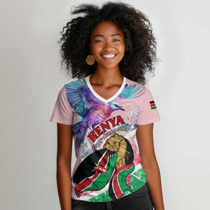 Personalized Kenya Independence Day Women V-Neck T-Shirt with Lilac Breasted Roller - Unique Version