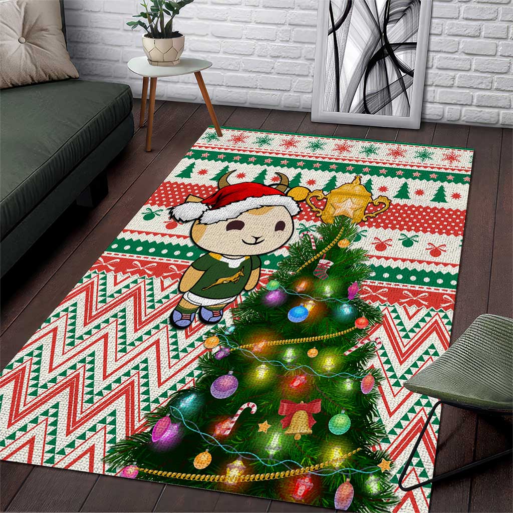 South Africa Rugby Christmas Area Rug with Cute Springbok and Christmas Tree