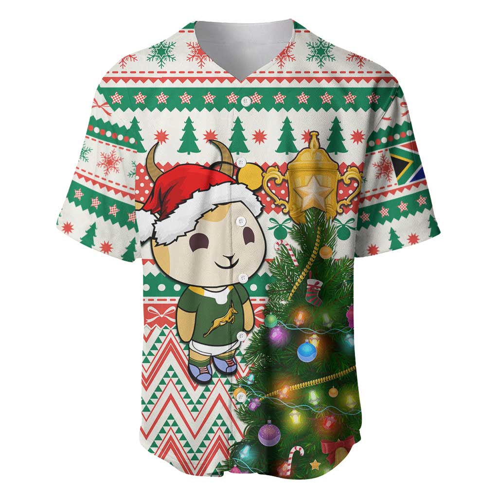 Personalized South Africa Rugby Christmas Baseball Jersey with Cute Springbok and Christmas Tree