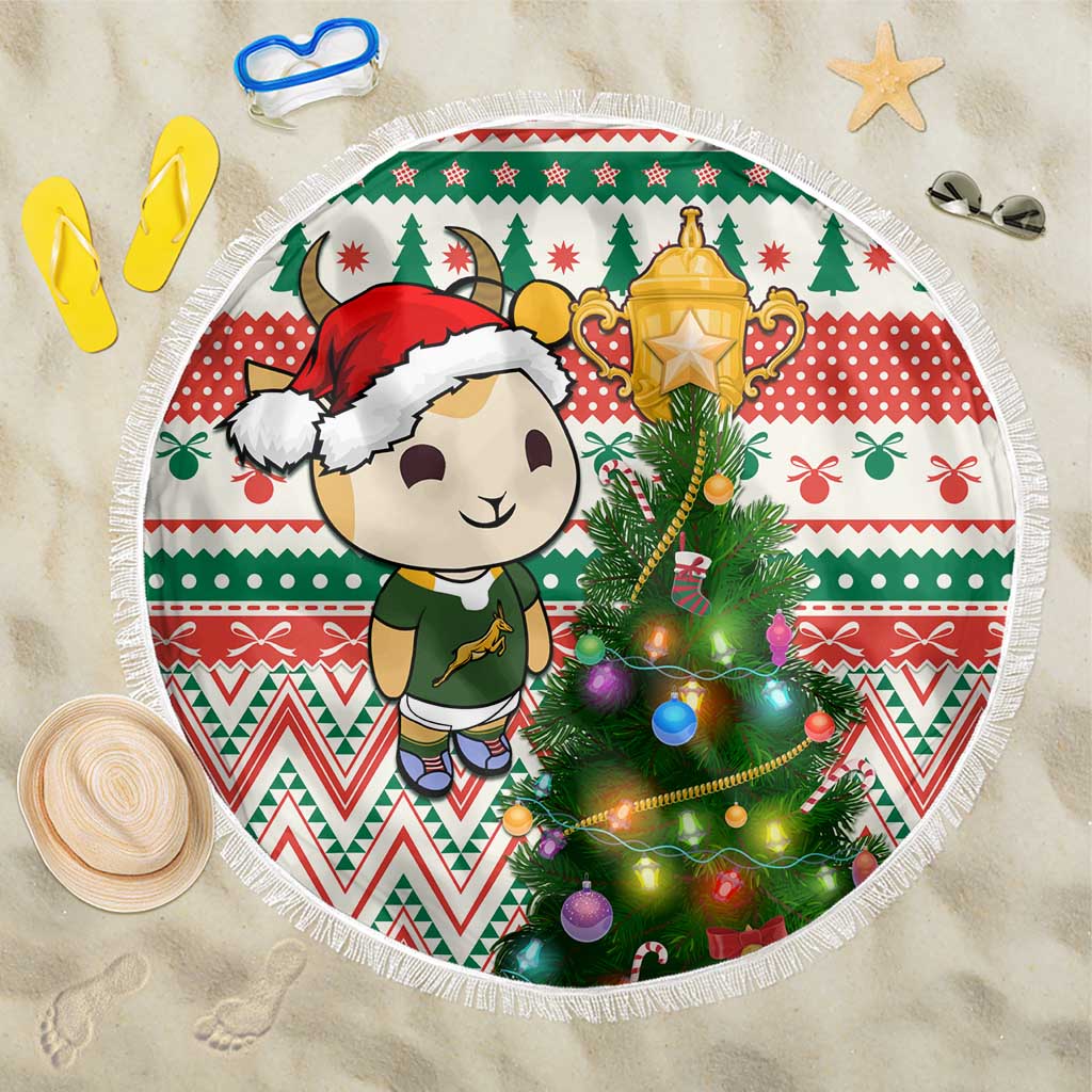 South Africa Rugby Christmas Beach Blanket with Cute Springbok and Christmas Tree