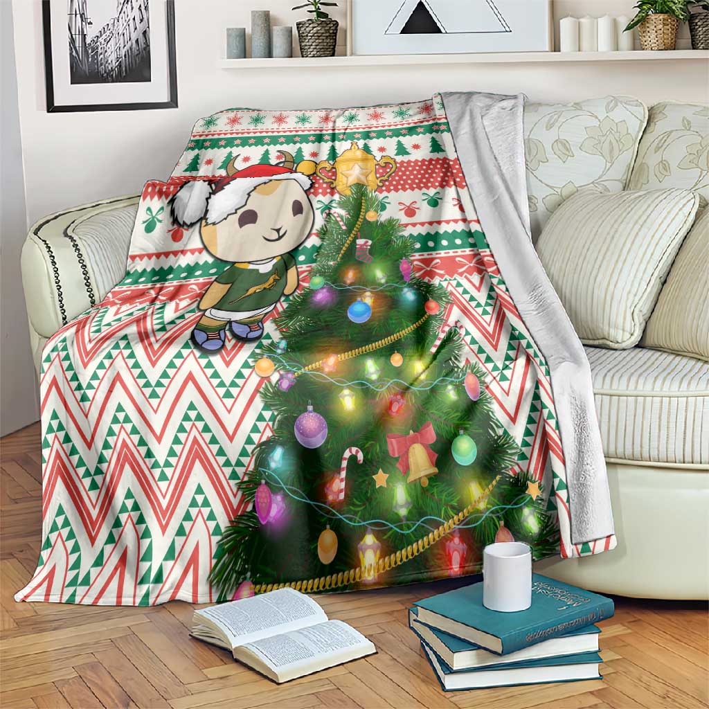 South Africa Rugby Christmas Blanket with Cute Springbok and Christmas Tree