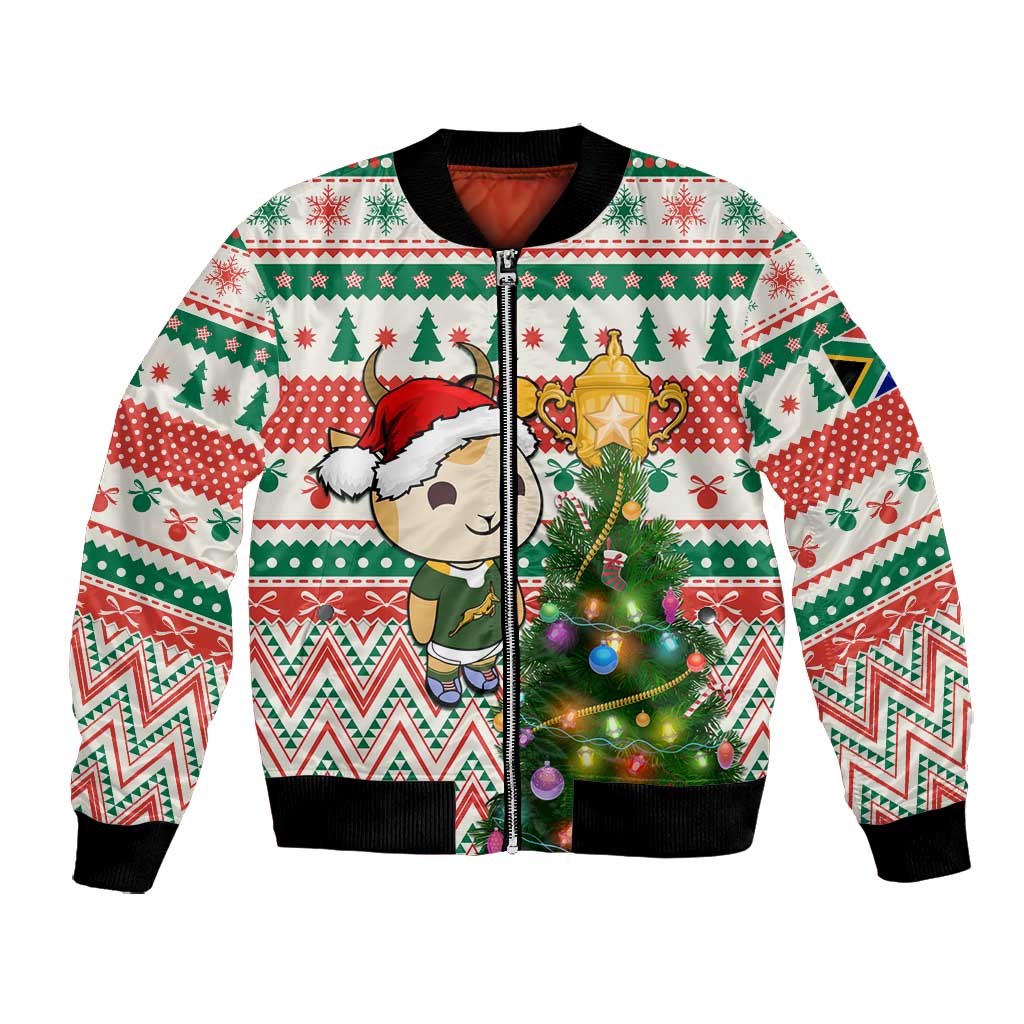 Personalized South Africa Rugby Christmas Bomber Jacket with Cute Springbok and Christmas Tree