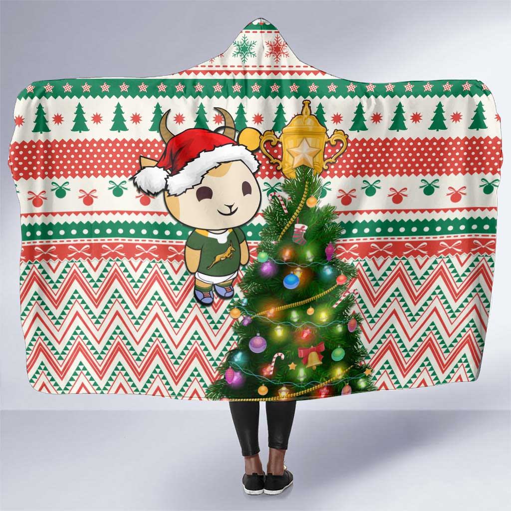 South Africa Rugby Christmas Hooded Blanket with Cute Springbok and Christmas Tree