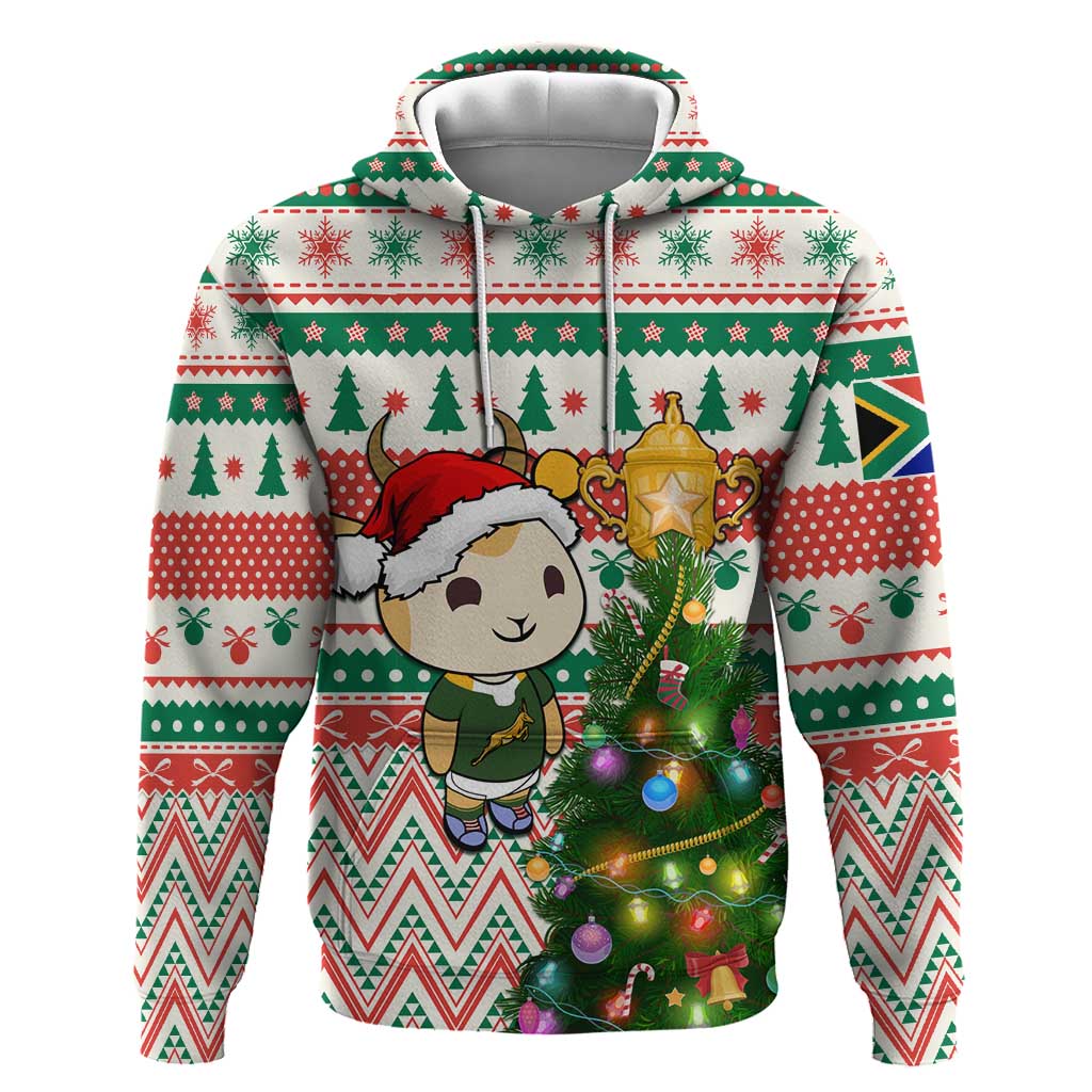 Personalized South Africa Rugby Christmas Hoodie with Cute Springbok and Christmas Tree