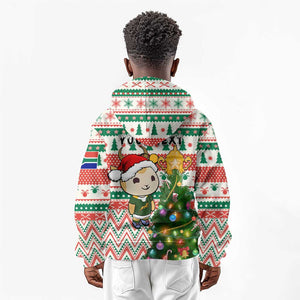 Personalized South Africa Rugby Christmas Kid Hoodie with Cute Springbok and Christmas Tree