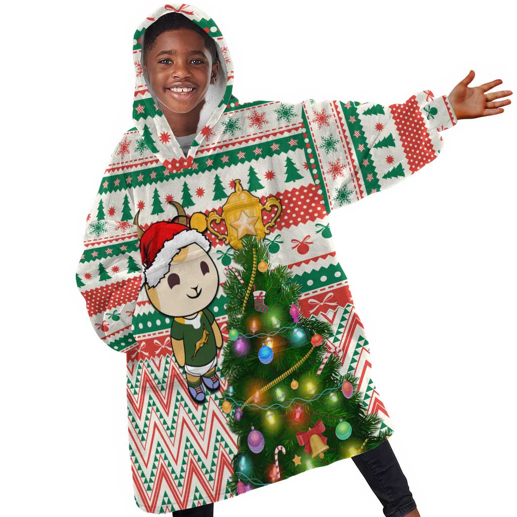 Personalized South Africa Rugby Christmas KId Wearable Blanket Hoodie with Cute Springbok and Christmas Tree