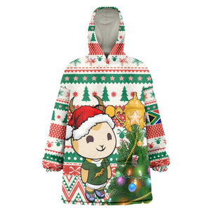 Personalized South Africa Rugby Christmas KId Wearable Blanket Hoodie with Cute Springbok and Christmas Tree