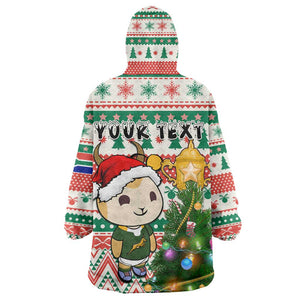 Personalized South Africa Rugby Christmas KId Wearable Blanket Hoodie with Cute Springbok and Christmas Tree