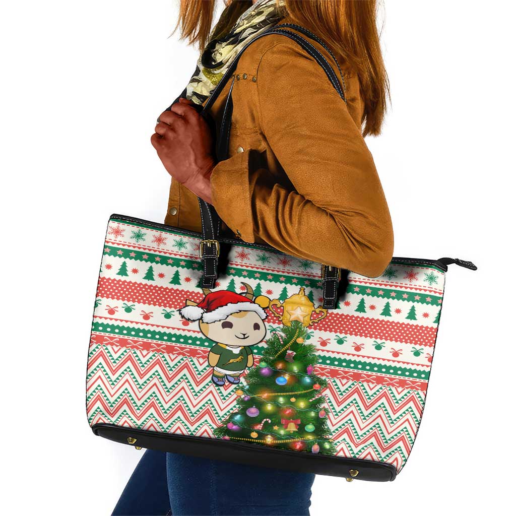 South Africa Rugby Christmas Leather Tote Bag with Cute Springbok and Christmas Tree