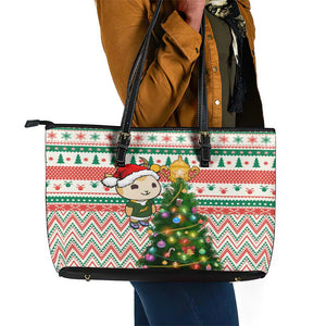 South Africa Rugby Christmas Leather Tote Bag with Cute Springbok and Christmas Tree