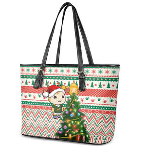 South Africa Rugby Christmas Leather Tote Bag with Cute Springbok and Christmas Tree