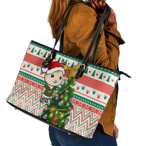 South Africa Rugby Christmas Leather Tote Bag with Cute Springbok and Christmas Tree