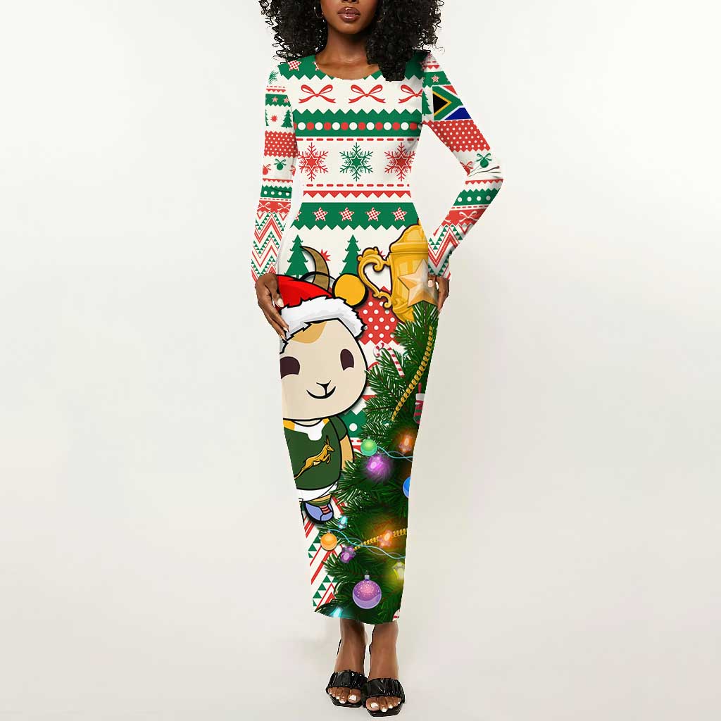 Personalized South Africa Rugby Christmas Long Sleeve Bodycon Dress with Cute Springbok and Christmas Tree