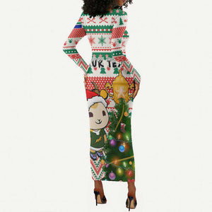 Personalized South Africa Rugby Christmas Long Sleeve Bodycon Dress with Cute Springbok and Christmas Tree