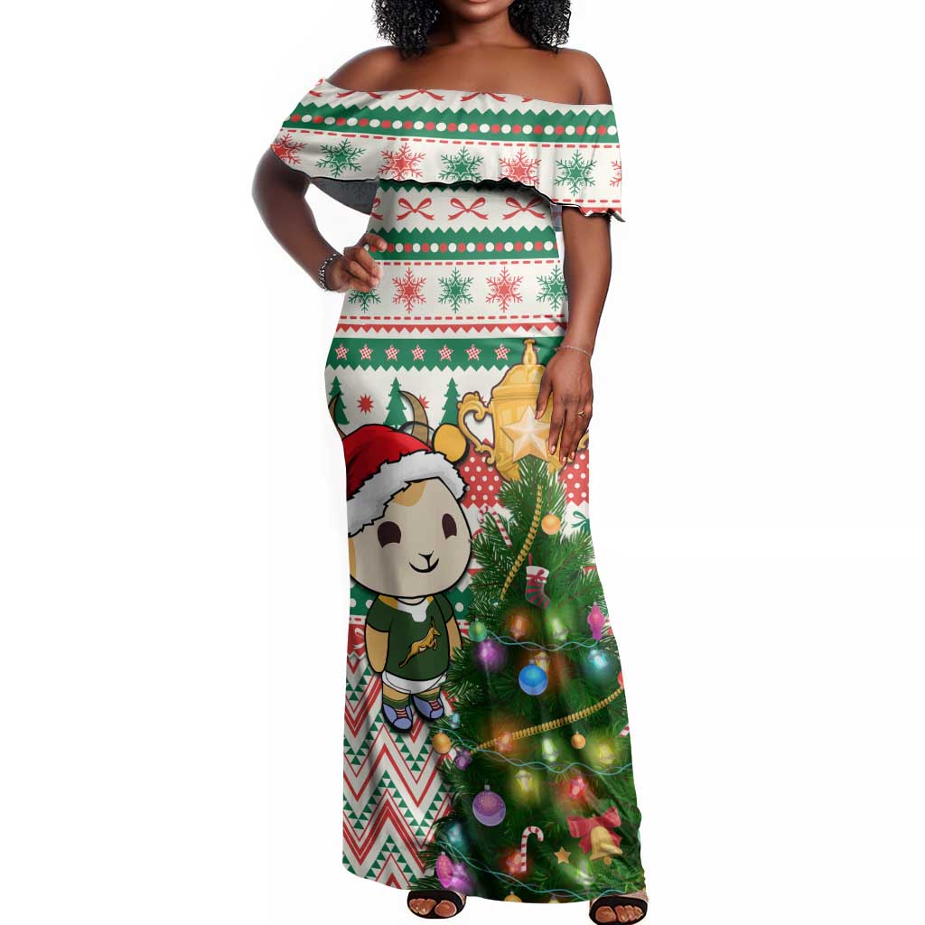 Personalized South Africa Rugby Christmas Off Shoulder Maxi Dress with Cute Springbok and Christmas Tree