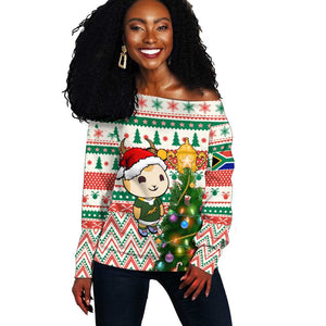 Personalized South Africa Rugby Christmas Off Shoulder Sweater with Cute Springbok and Christmas Tree